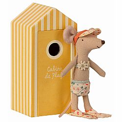 Maileg Mouse Sister with Yellow Beach Cabin