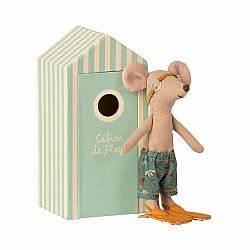 Maileg Mouse Brother with Light Blue Beach Cabin